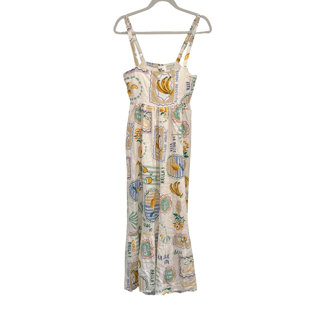 Paper Heart Womens Italian Summer Maxi Dress Fruit Print Smocked Back Sz S White